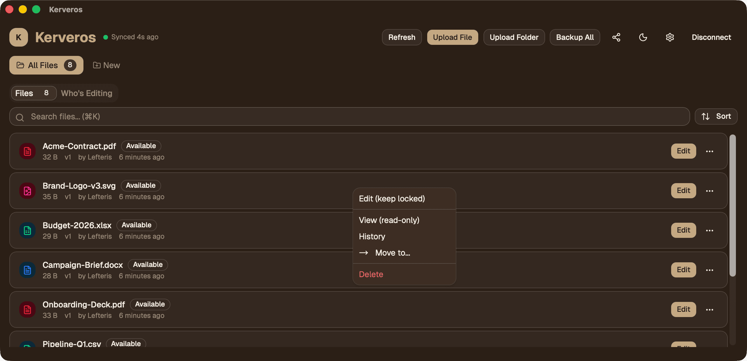 Right-click context menu on Brand-Logo-v3.svg showing Edit, View, History, Move, Delete