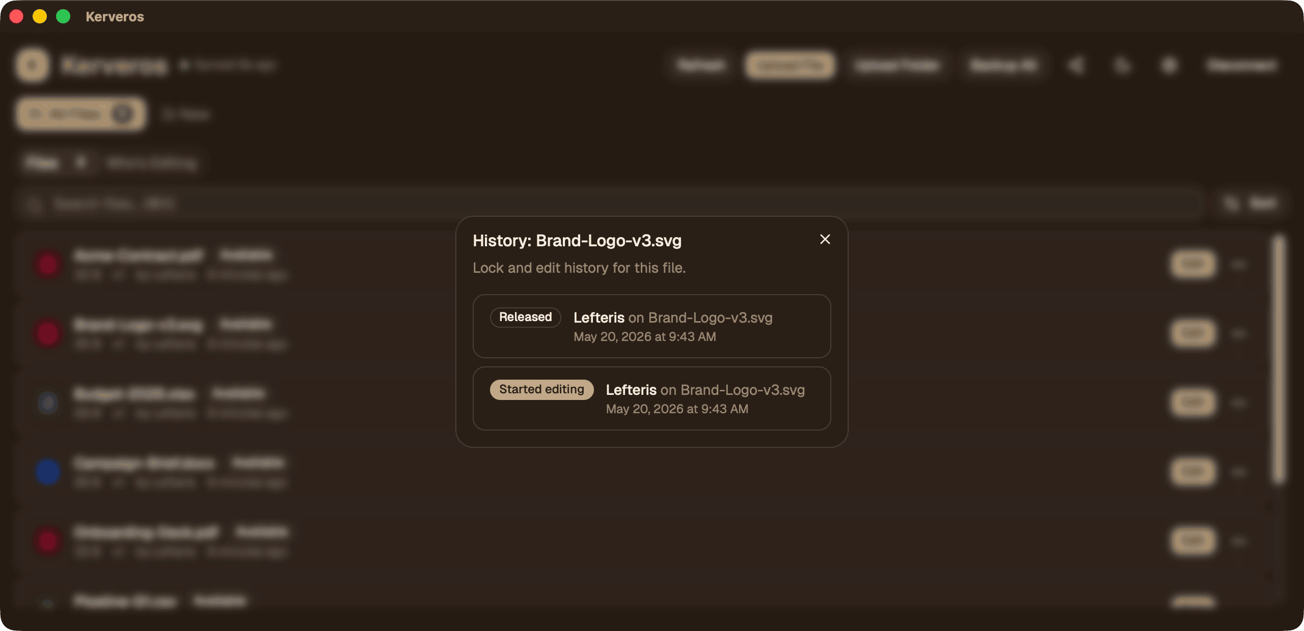 Lock and edit history dialog showing released and started-editing events