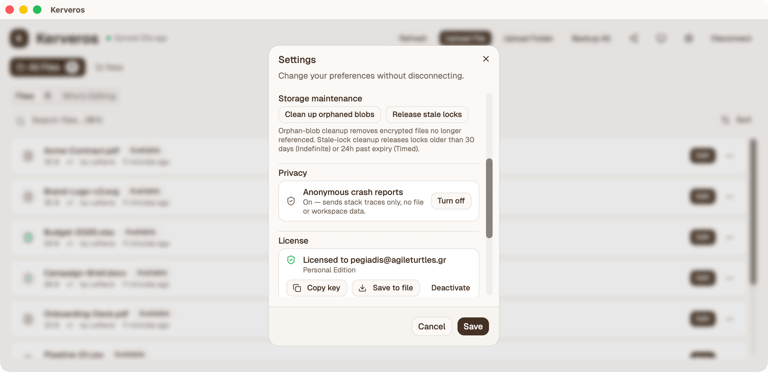 Settings dialog showing storage maintenance, privacy, and license sections